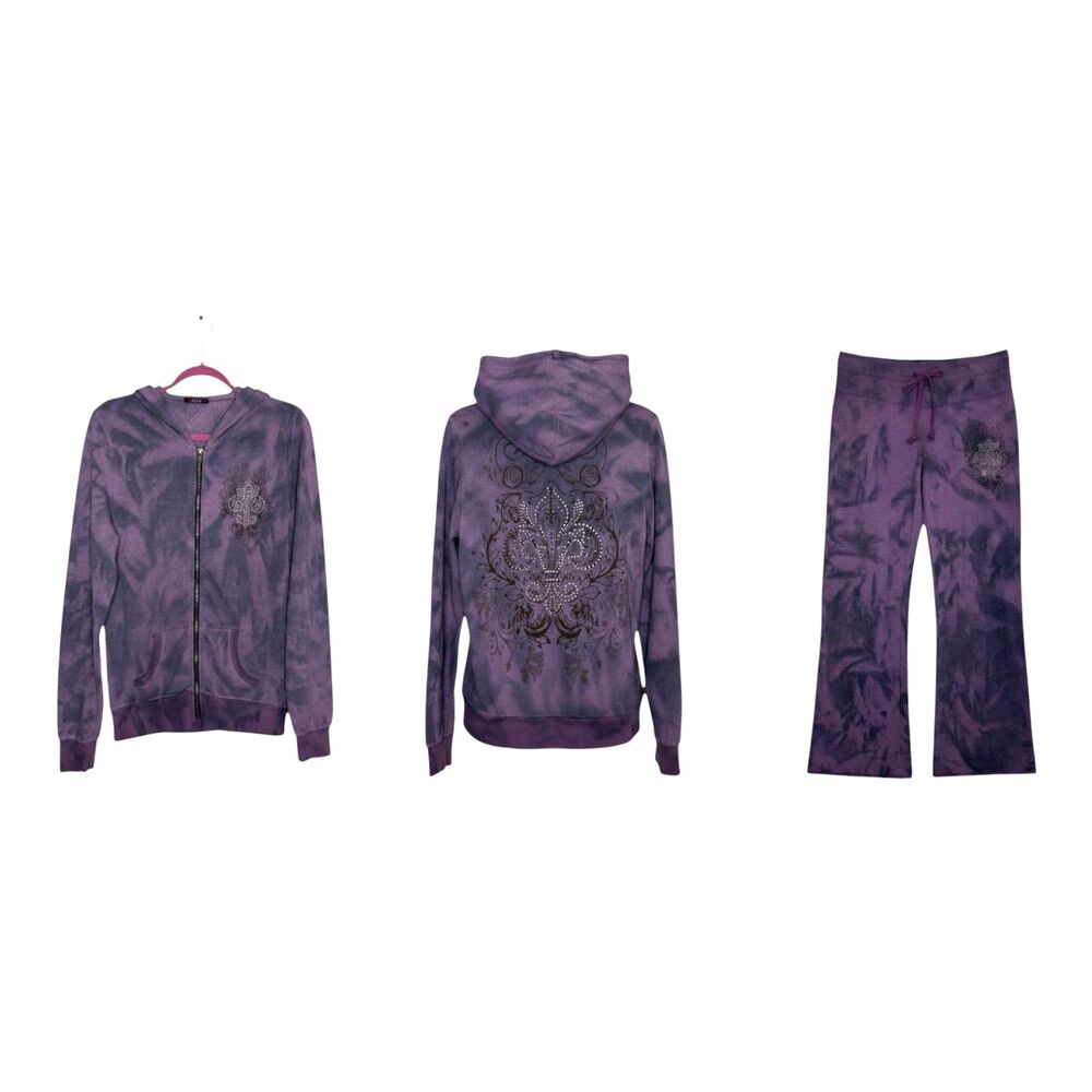 T Party Jacket Low Rise Pants Bundle Set Gothic Rhinestone Tie Dye Purple Gray L